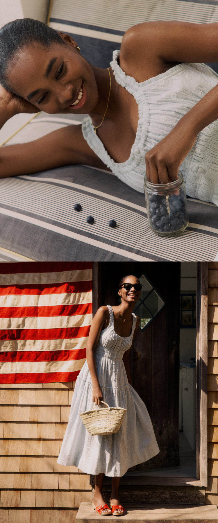 Top: woman lying on a couch in a blue gauze dress eating blueberries. Bottom: Woman in the same dress standing outside a house in red sandals and holding a straw bag.