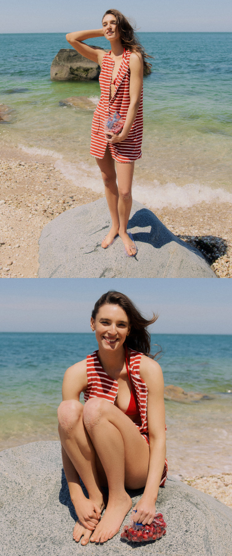 Top: Woman standing on a rock by the water in a red striped coverup . Bottom: Woman sitting on a rock by the ocean in a red striped coverup holding cherries.