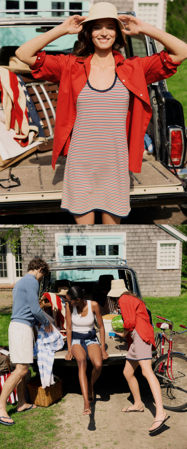 Top: Woman standing with her hands on her head in a red button down and a red white and blue striped dress. Bottom: People sitting on the back of a Wagoneer.