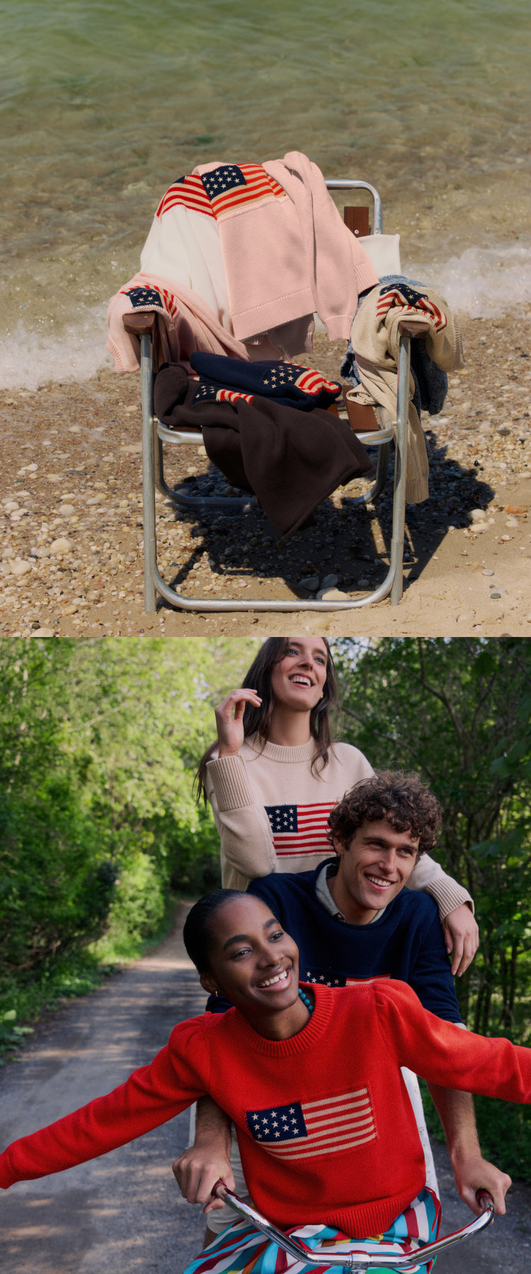 Top: a beach chair covered in American flag sweaters. Bottom: three people on a bike in American flag sweaters.