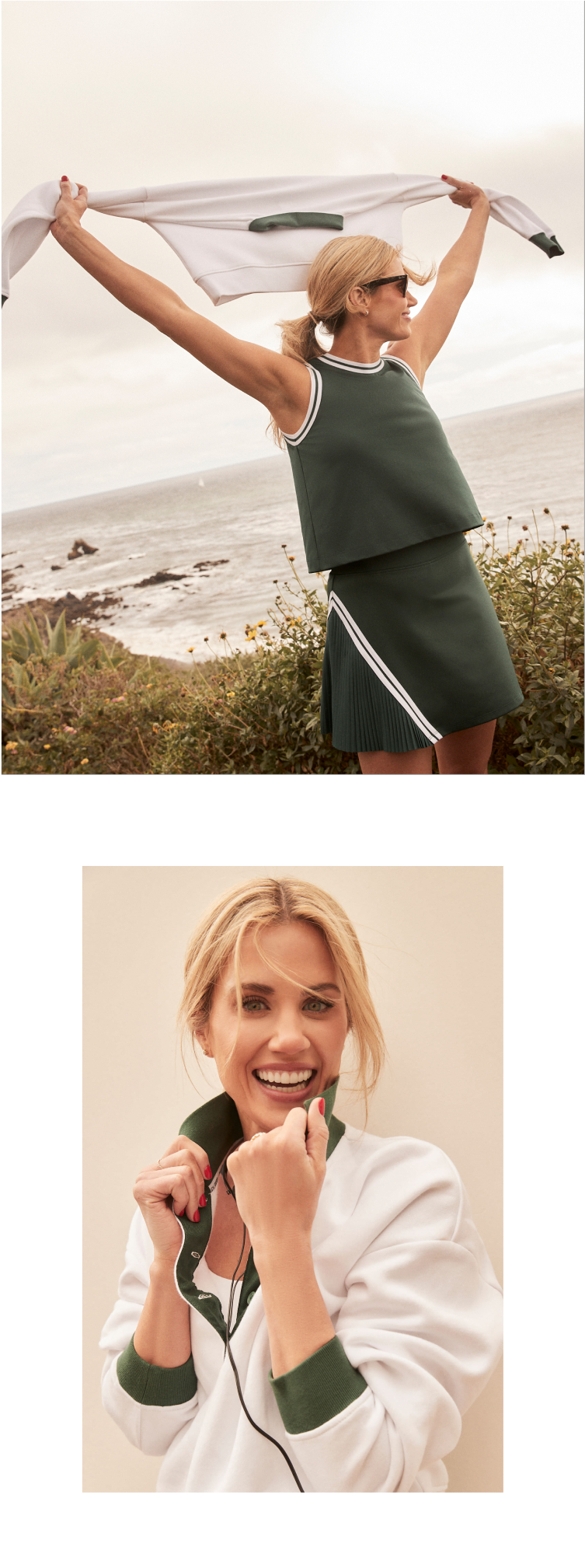 Shea McGee in a hunter green sport set with a tank and matching skirt, holding a pullover above her head.