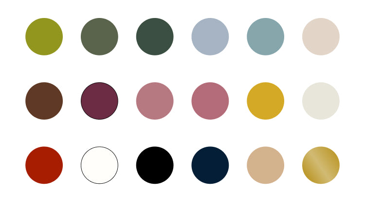 Colors available for monograms. Starting with the top left: woodbine, sage green, hunter green, matte dusty blue, matte blue, tusk, chocolate brown, aubergine, dusty pink, mauve pink, marigold, ivory, red, white, black, navy, khaki, gold