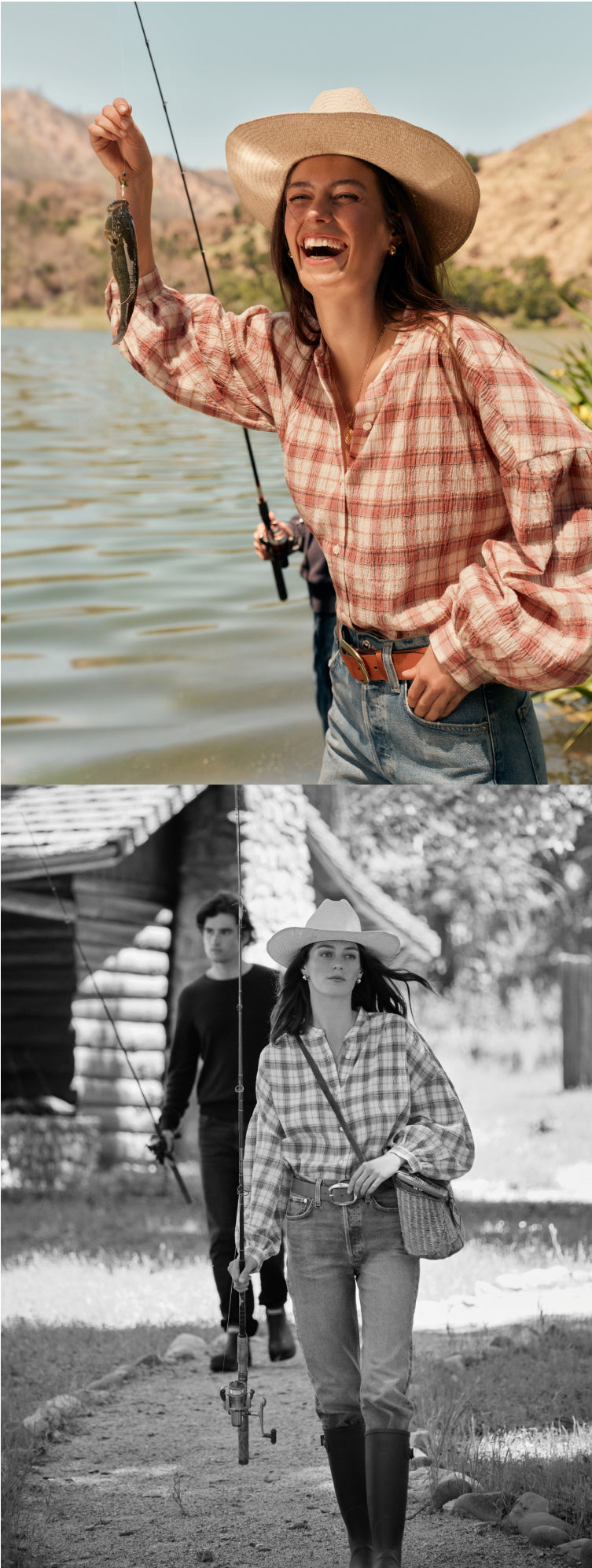 Image one: Woman holding a fish wearing a straw hat, plaid shirt, and jeans. Image two: Black and white image of a woman and man walking with fishing gear. Woman is wearing a straw hat, plaid shirt, belt, jeans, and rainboots.
