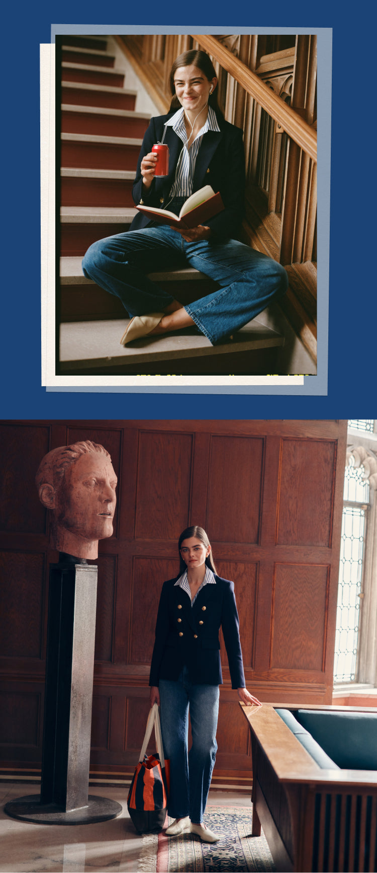 Top: woman sitting on stairs reading a book and drinking a soda in a blazer an jeans. Bottom: Woman standing by a statue in a blazer and jeans.