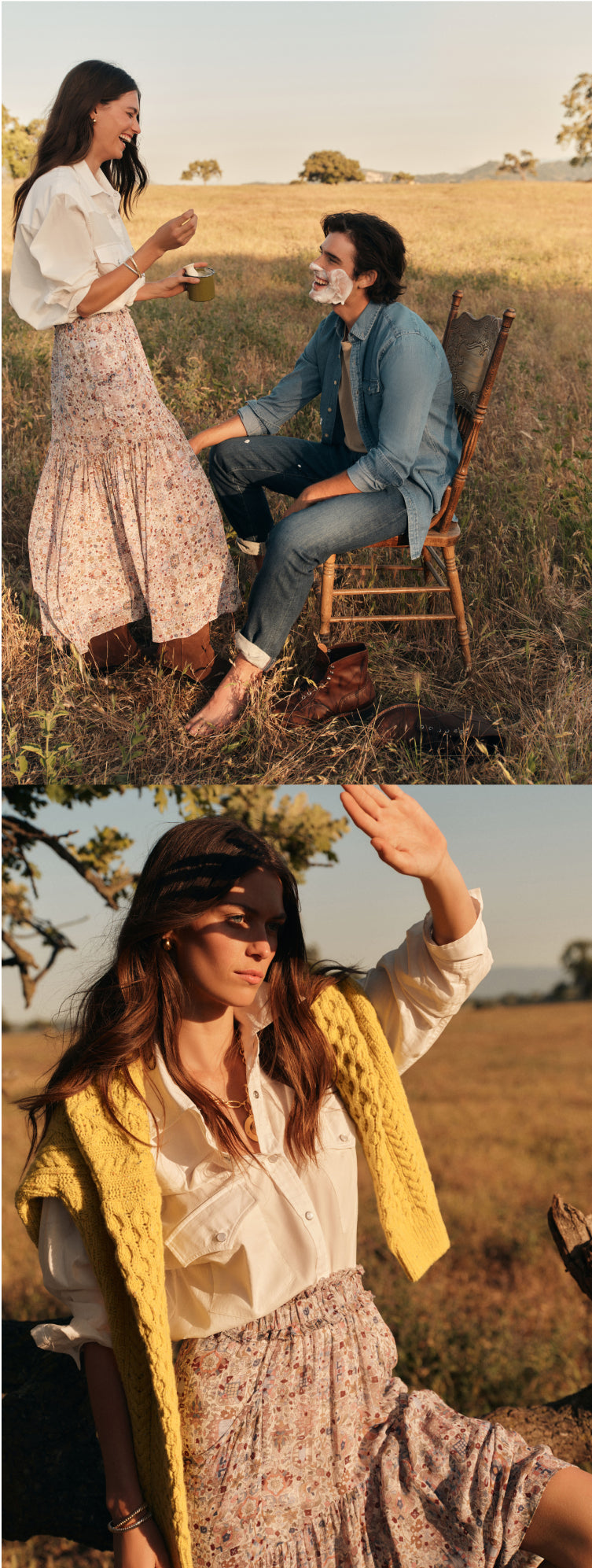 Image one: Woman shaving a man's face. She's wearing a white button down and a floral patterned skirt. Image two: Woman standing outside in a long sleeved white button down shirt with the sleeves rolled up, a yellow cable knit sweater around her shoulders, a floral patterned maxi skirt, and chocolate brown boots.