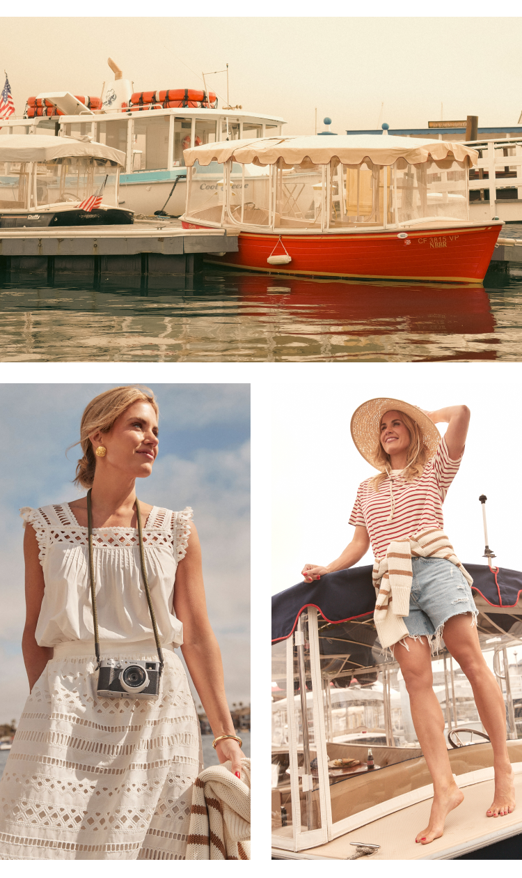 Shea McGee in a white tank and a matching long white skirt. Shea McGee in a red and white striped tee and denim shorts