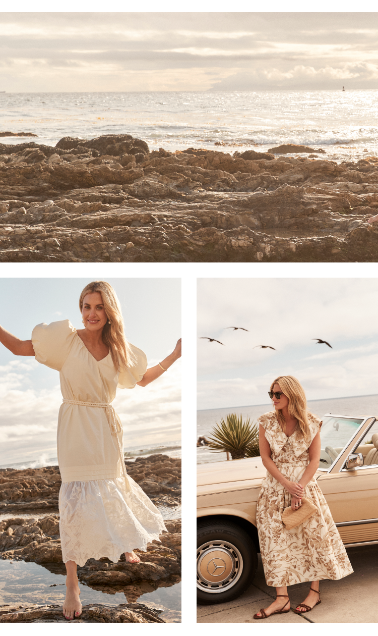 Top: beach scene. Bottom left: Shea McGee in a cream dress. Bottom right: Shea McGee in a matching long skirt and sleeveless top in a tropical pattern