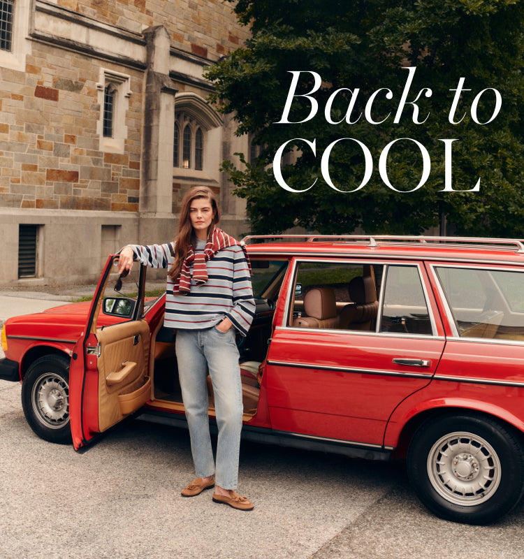Woman standing in a car door wearing a blue striped tee and jeans. Copy reads: Back to Cool