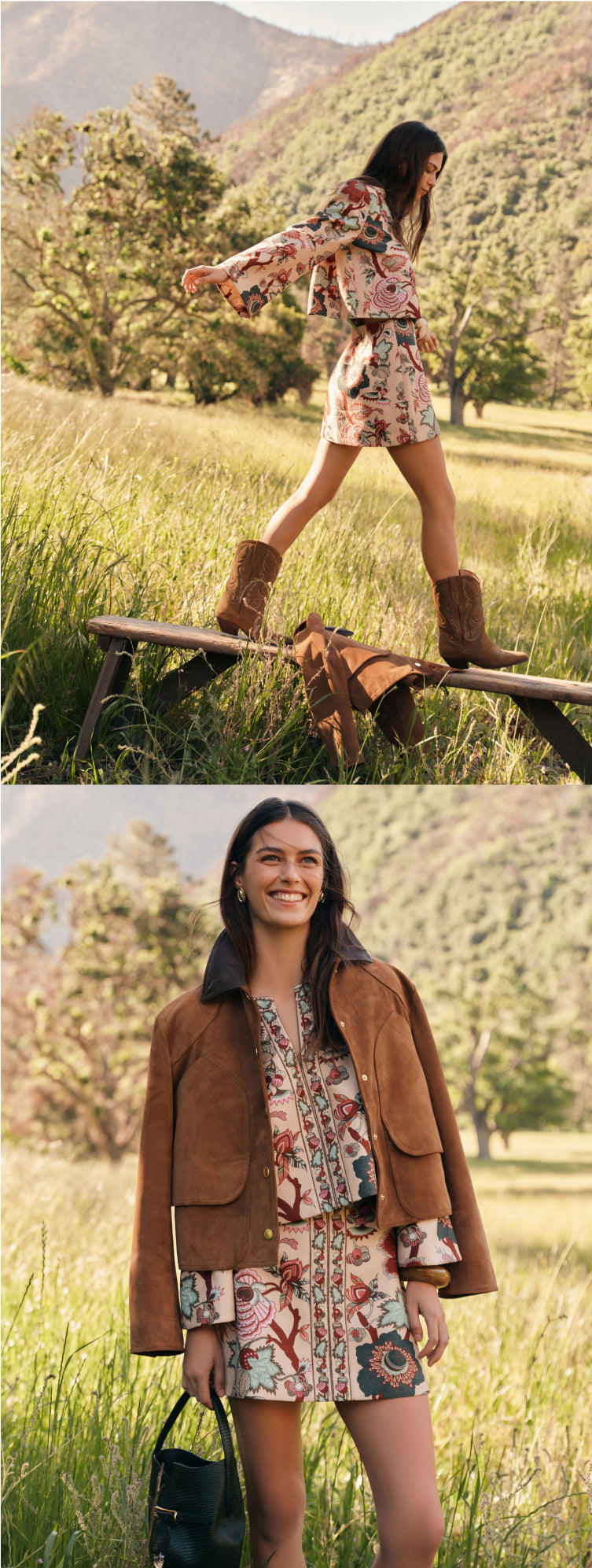 Image one: woman walking on a bench in a floral patterned matching set with long sleeves and a short skirt. The look is paired with short brown cowboy boots. Image two: A floral patterned matching set with long sleeves and a short skirt paired with a brown barn jacket.