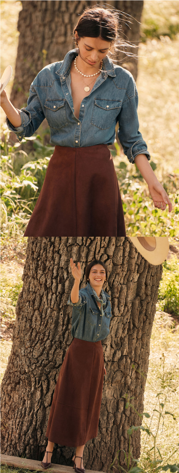 Woman in a denim button down and a long brown suede skirt.