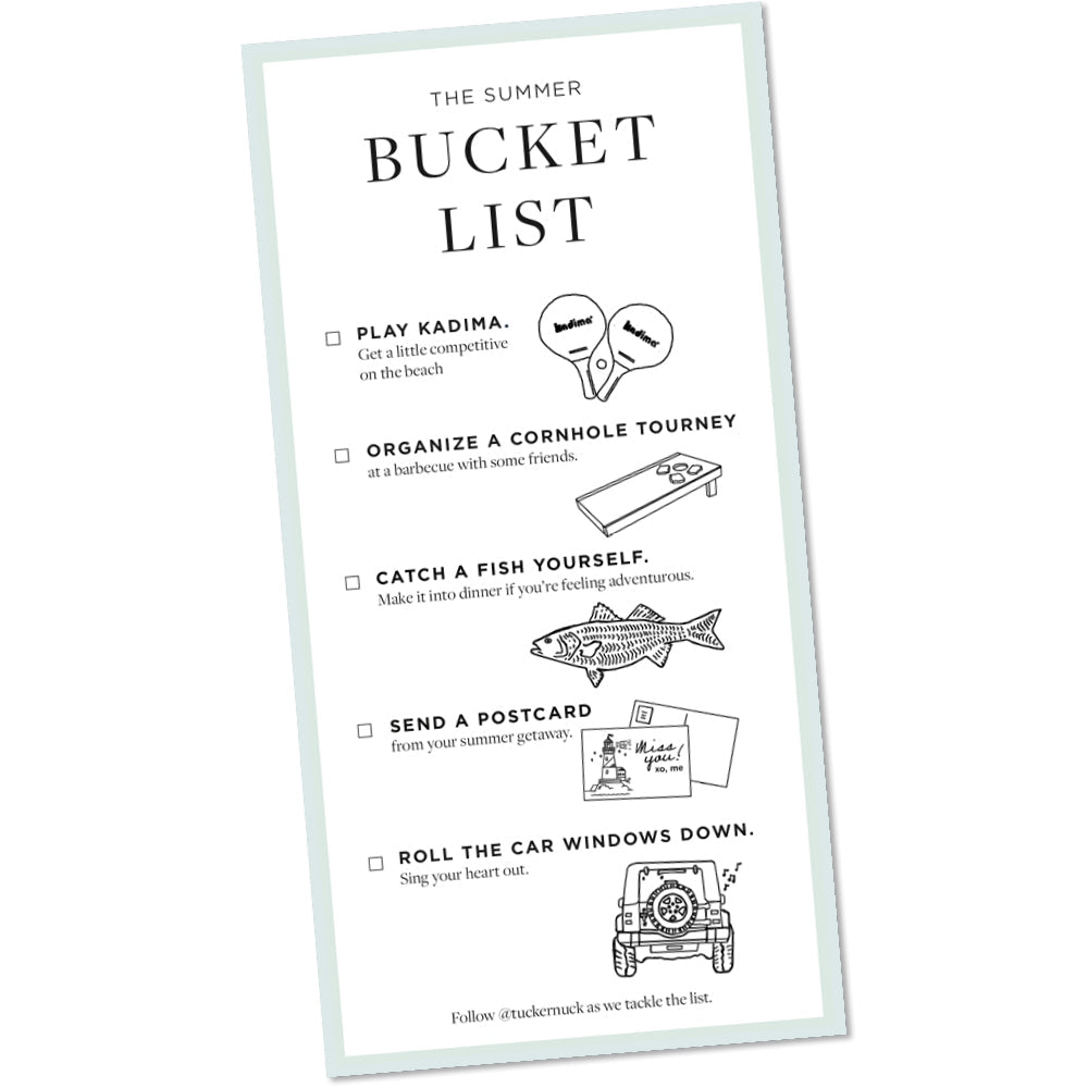 Stylized “Summer Bucket List” poster with classic, illustrated activities: beach games, barbecue cornhole, fishing, postcard writing, and car sing-alongs; embodying effortless, high-end summer fun.
