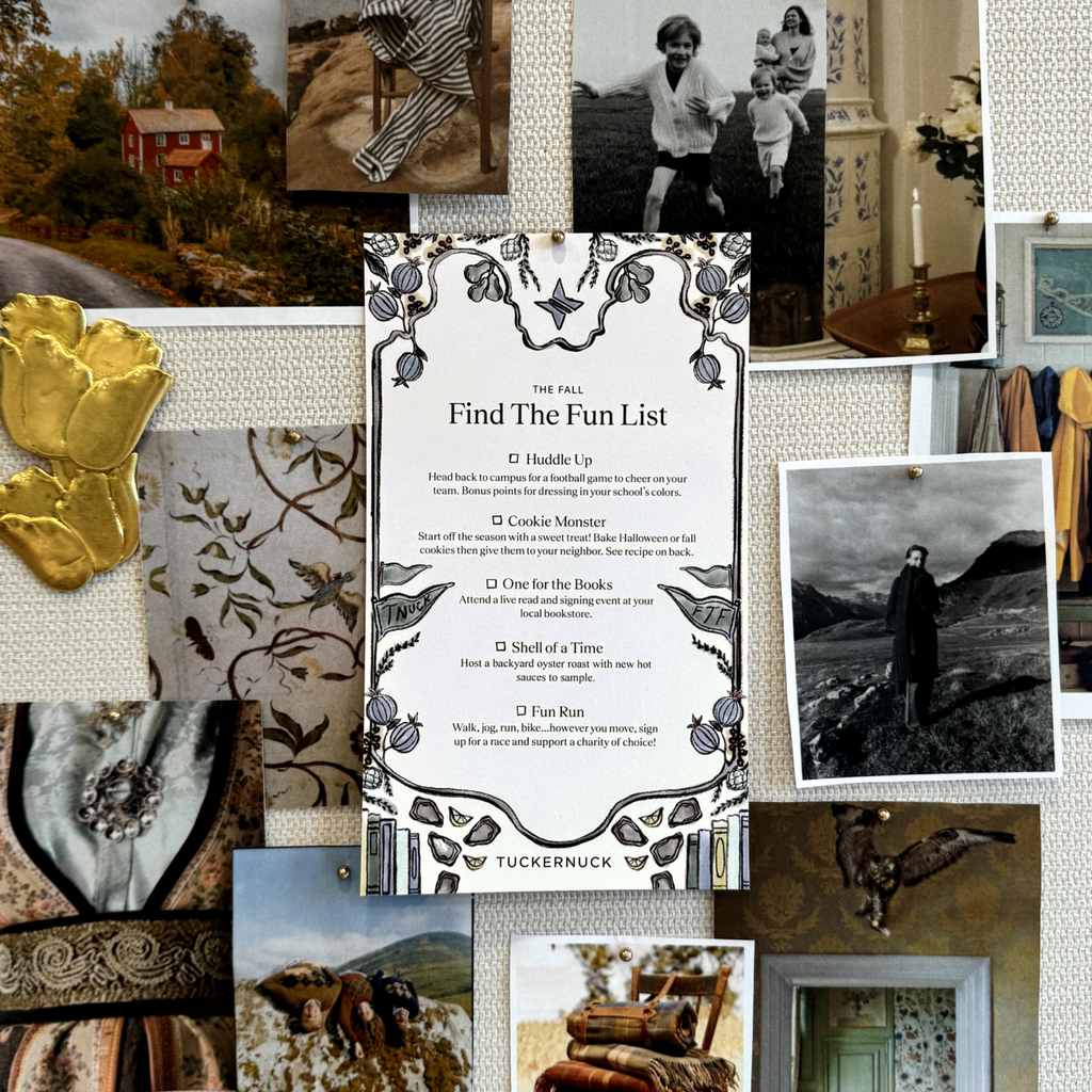 A classic fall-themed mood board with Tuckernuck's Find The Fun List card, nostalgic photos, and high-end decorative pins, evoking effortless seasonal inspiration.
