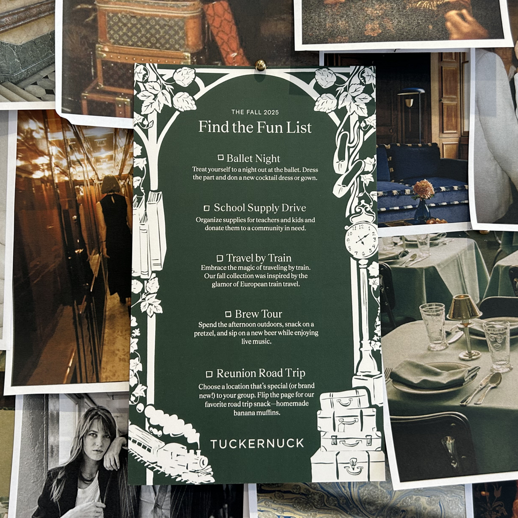 Mood-board featuring Tuckernuck's The Fall 2025 Find the Fun List with classic, effortless autumn activities, framed by high-end, illustrative details.