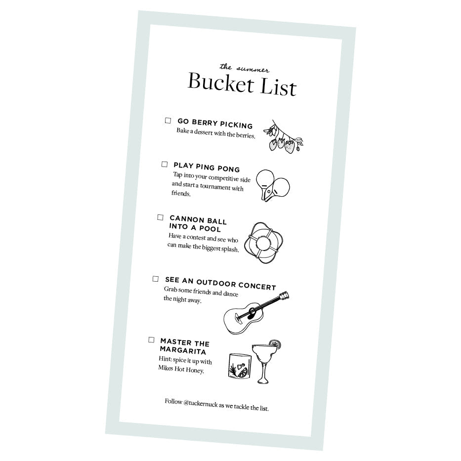 Stylized The Summer Bucket List poster with classic icons beside each fun activity, reflecting Tuckernuck's effortless, high-end, and adventurous shopping spirit.