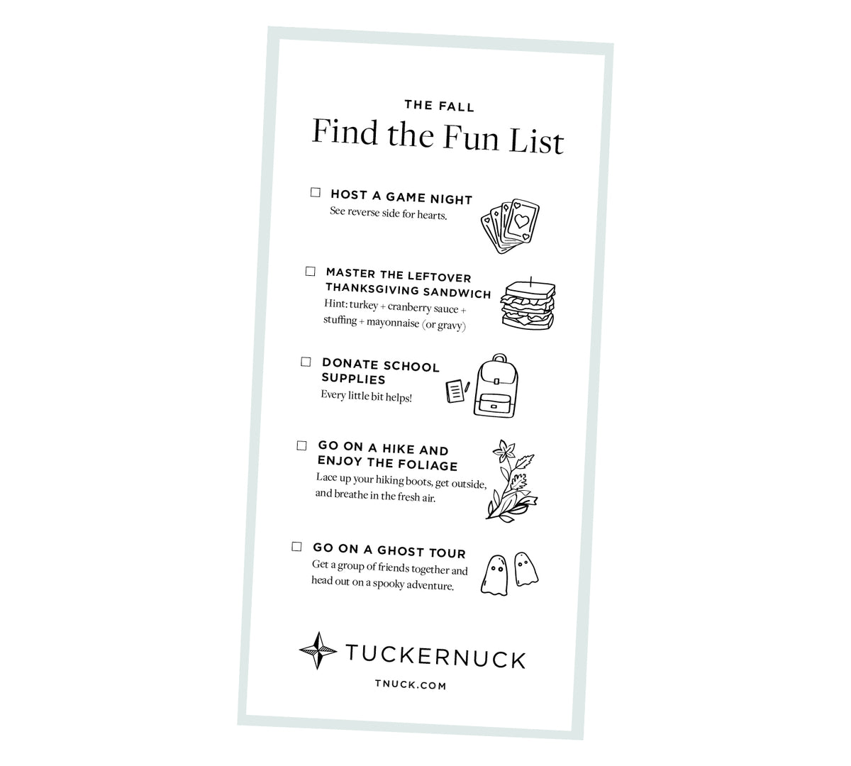Fall-themed Find the Fun List checklist with playful illustrations from Tuckernuck, featuring classic, effortless activities like game night and hiking. Logo and website included.