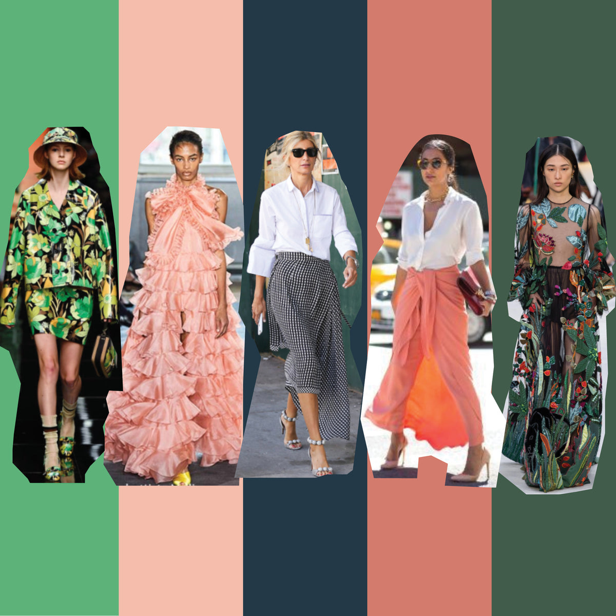 Fashion mood board featuring effortless, high-end women's outfits: floral set, ruffled gown, gingham skirt, draped maxi skirt, embroidered mesh dress. Classic and fun styles.
