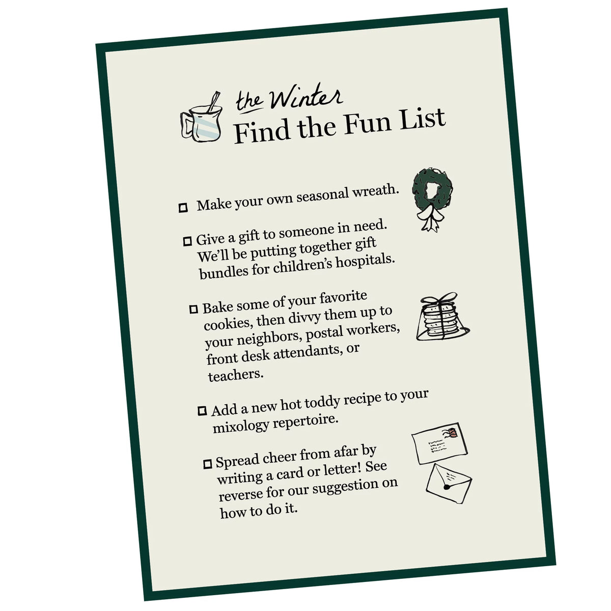 Decorative Winter Find the Fun List features classic winter activities with charming illustrations: wreath-making, gifting, cookie baking, mixology, and letter writing for effortless seasonal enjoyment.