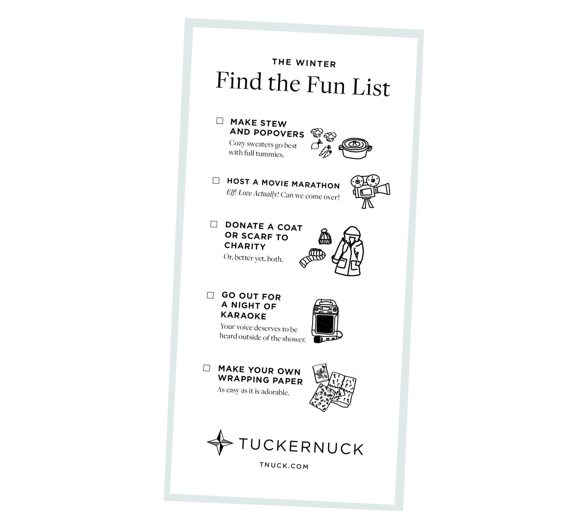 Stylized The Winter Find the Fun List poster by Tuckernuck featuring classic winter activities with doodles, capturing an effortless and fun high-end vibe.