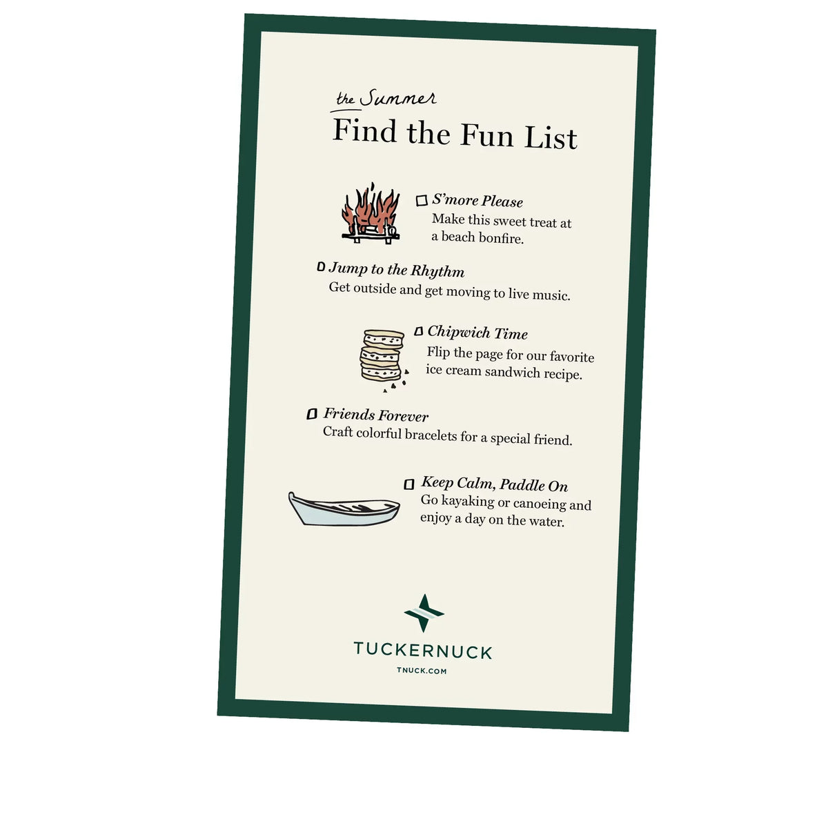Illustrated Summer Find the Fun List with playful icons and activities like s'mores, music, ice cream, bracelets, and kayaking; Tuckernuck logo at bottom.
