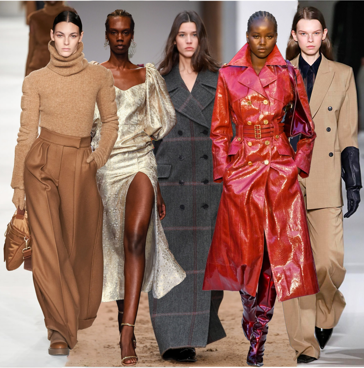Five runway models showcase classic and high-end fashion: camel sweater set, metallic gown, charcoal overcoat, glossy trench, and tan suit, embodying effortless, fun style.