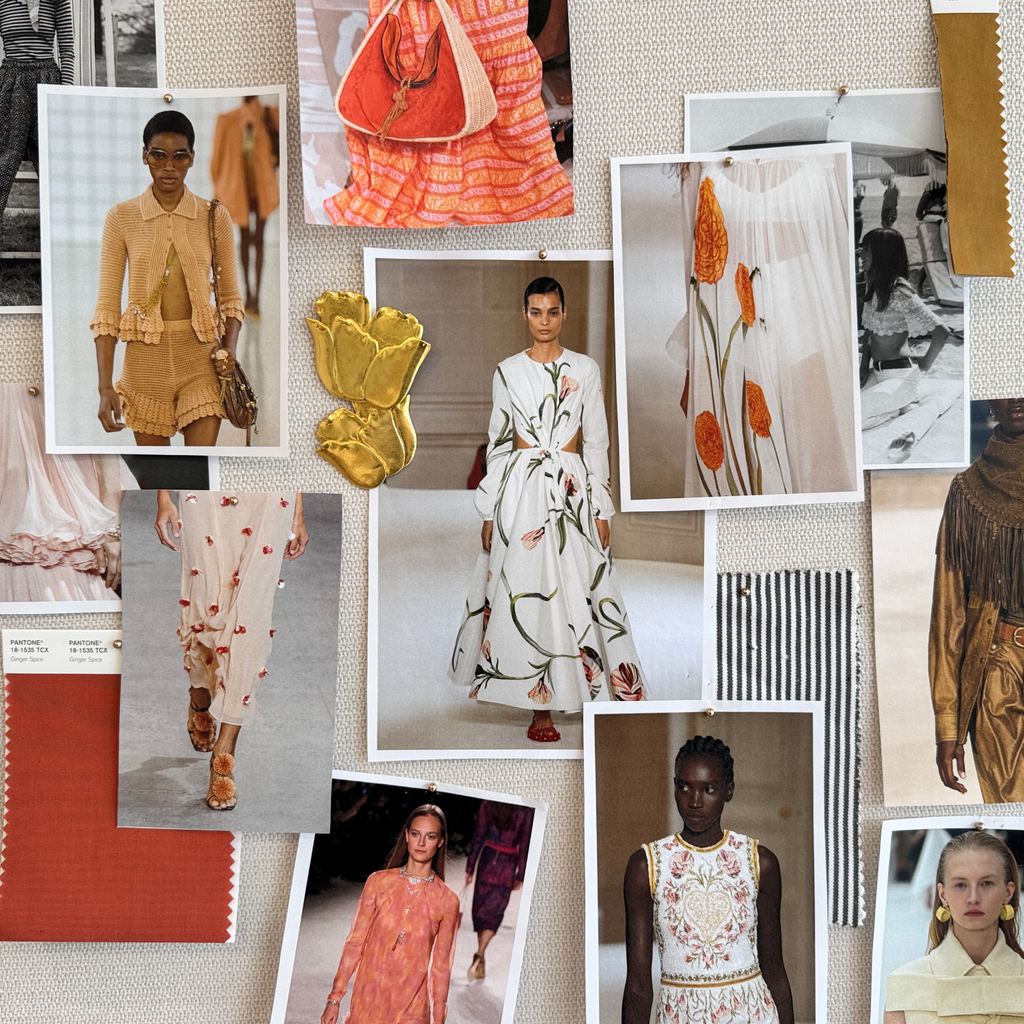 Mood board featuring classic runway looks, effortless fabrics, and fun gold tulip ornaments; a high-end collage of colors, textures, and silhouettes.