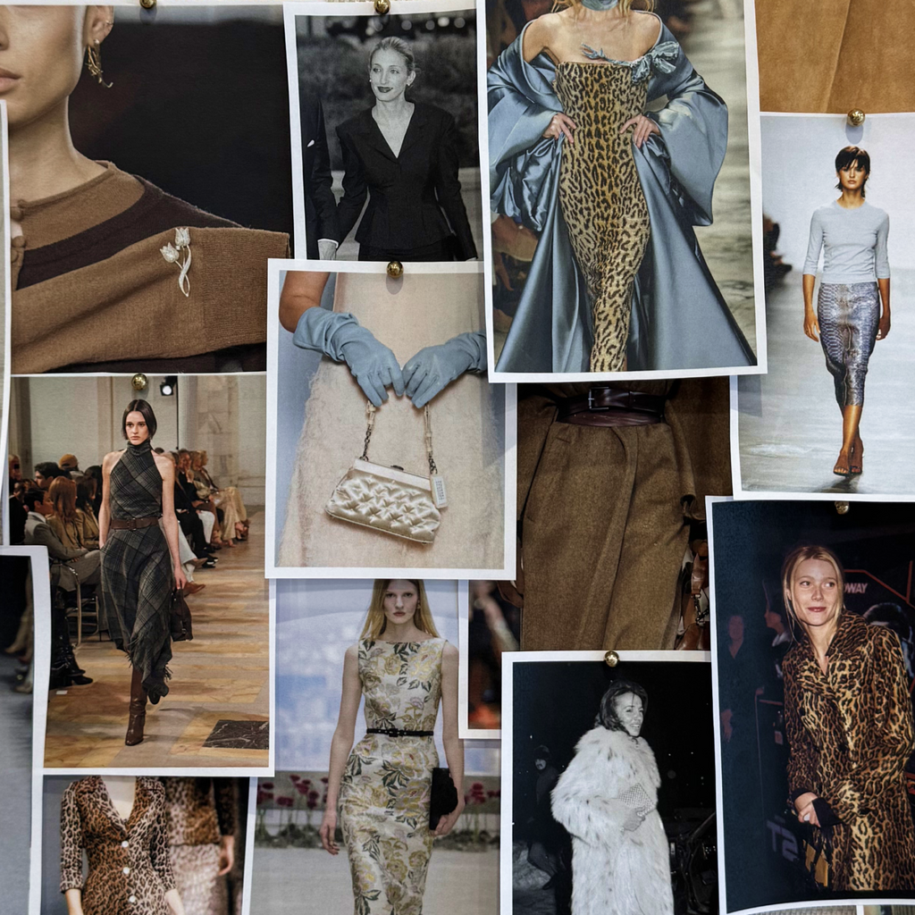 A fashion inspiration board featuring classic and effortless high-end looks, including runway silhouettes, detailed accessories, and chic outerwear, capturing a fun, vintage-modern vibe.