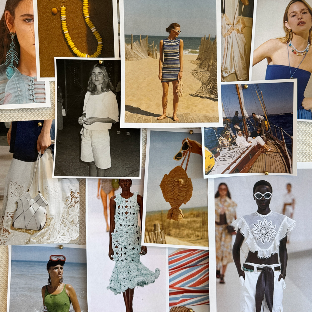 Mood board featuring classic summer looks: striped knit dress, crochet runway dresses, nautical scenes, and fun accessories like a yellow necklace and woven bag.