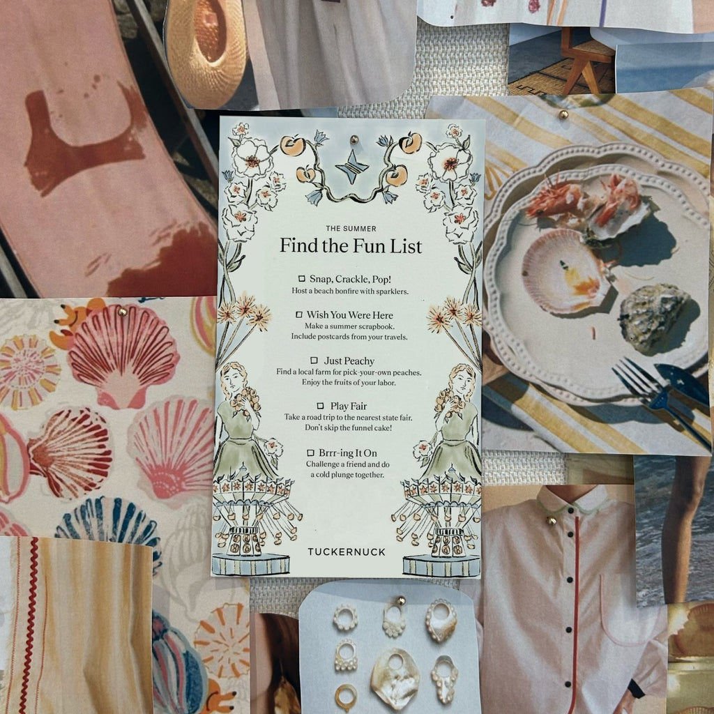 Summer-themed mood board by Tuckernuck featuring a fun to-do list, classic seashells, seafood, a light shirt, summery fabrics, and pearl jewelry.