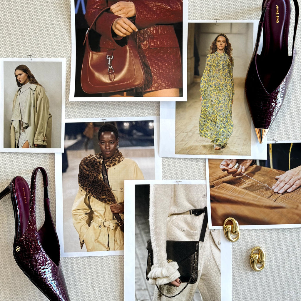 Fashion mood board showcasing classic, effortless style: runway looks, burgundy croc-embossed slingbacks, matching handbag, chunky gold earrings, and tailoring on plaid fabric.