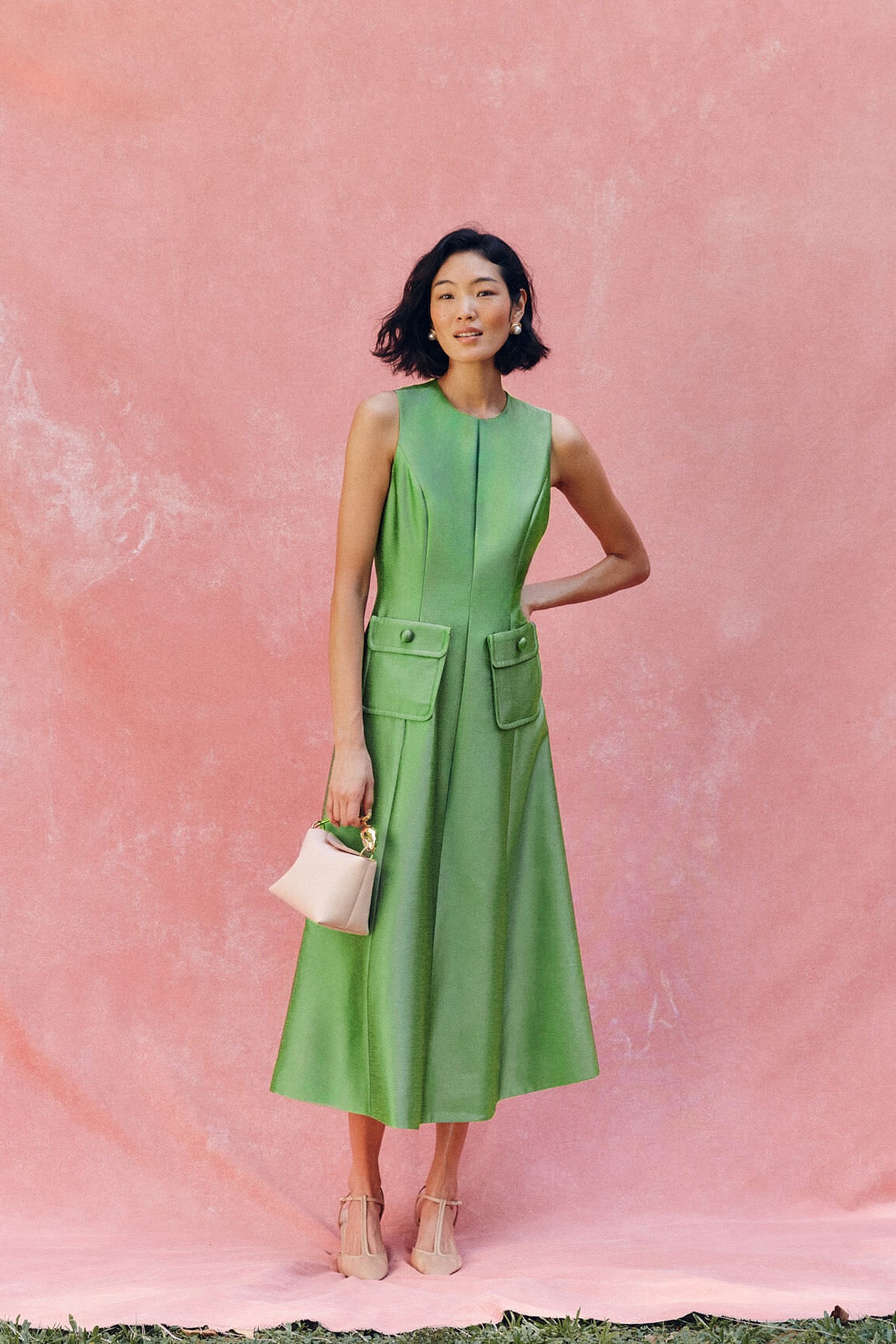 Pistachio Dupioni Helene Midi Dress