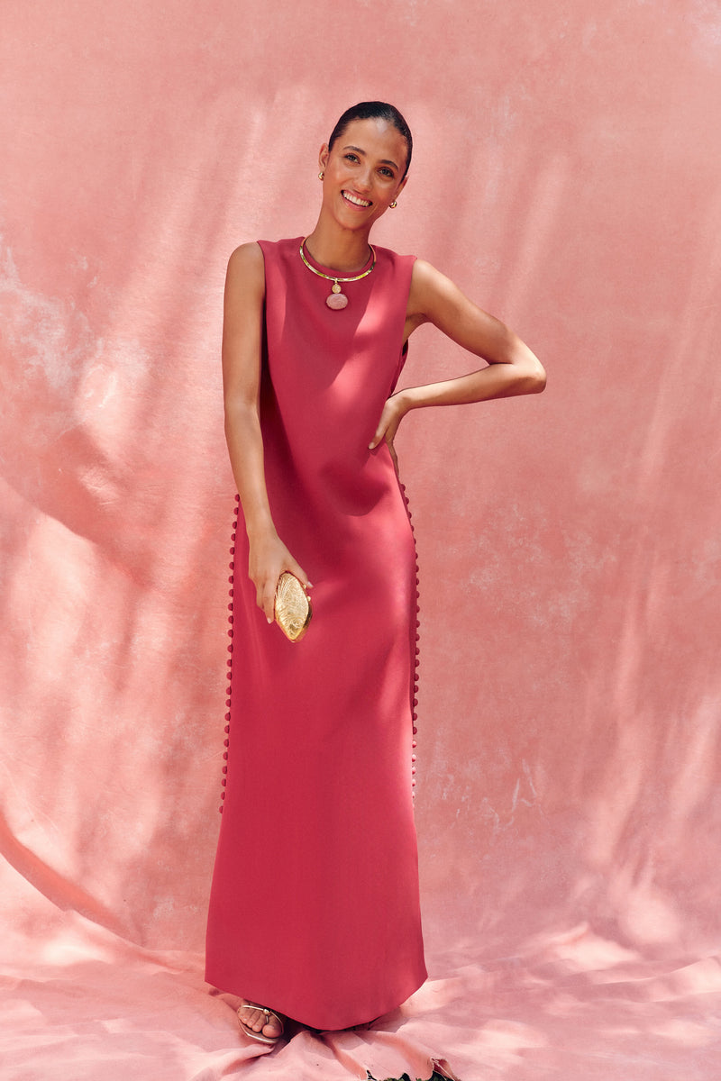 Raspberry Crepe Button Camille Maxi Dress
