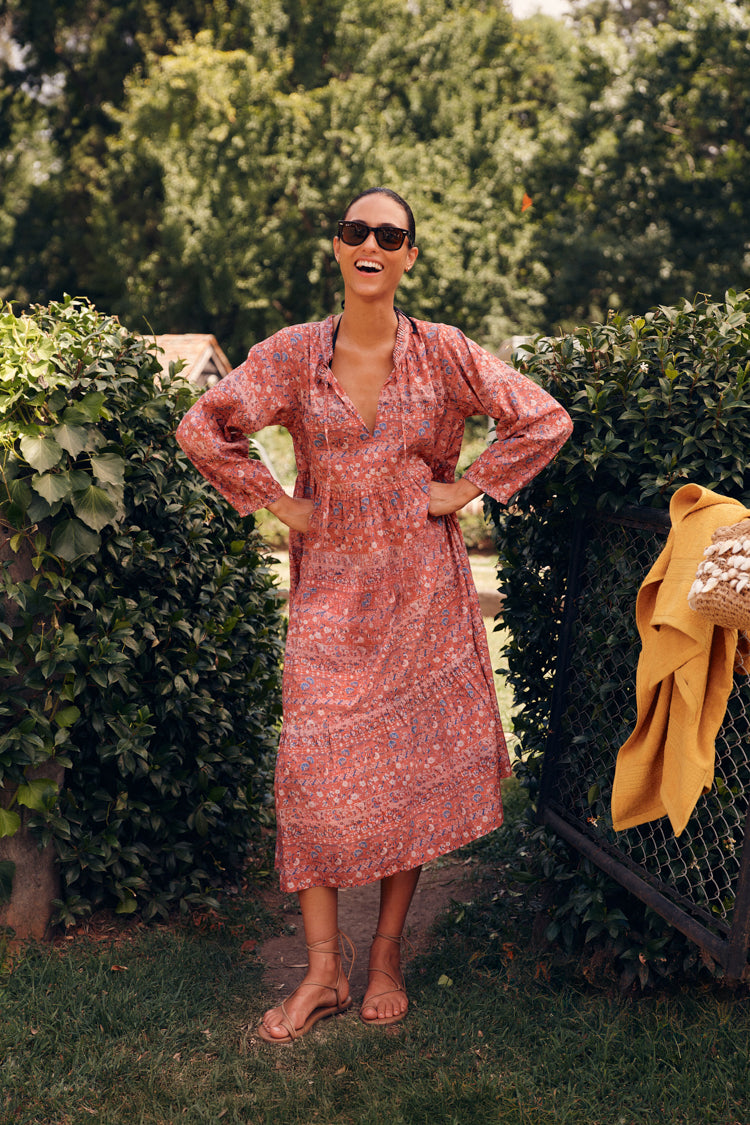 long sleeve caftan maxi dress Tnuck Beach Americana Batik Stripe Long Sleeve Salty Paloma Caftan Americana Batik Stripe / M