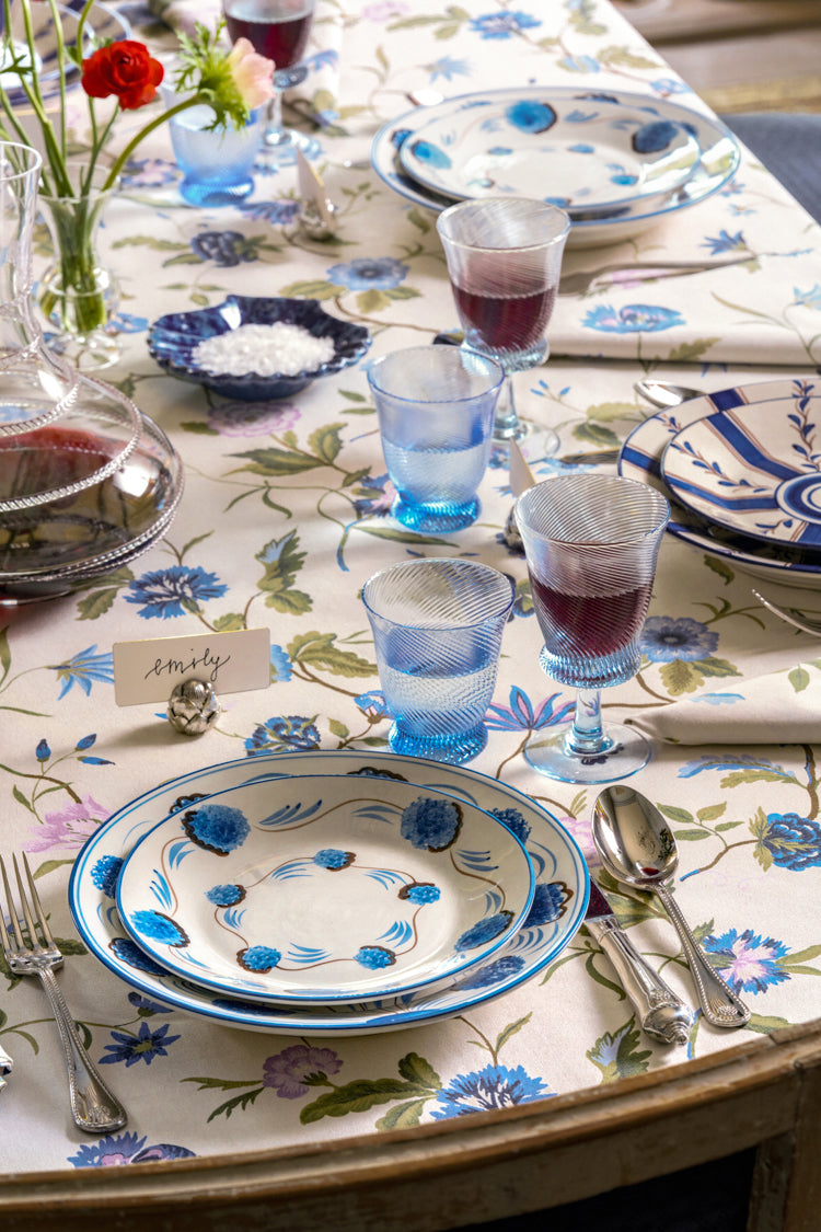 Blue Flower Dessert Plate on an elegantly set table with floral motifs, classic blue-tinted glassware, and polished flatware, creating an effortless, high-end dining experience.