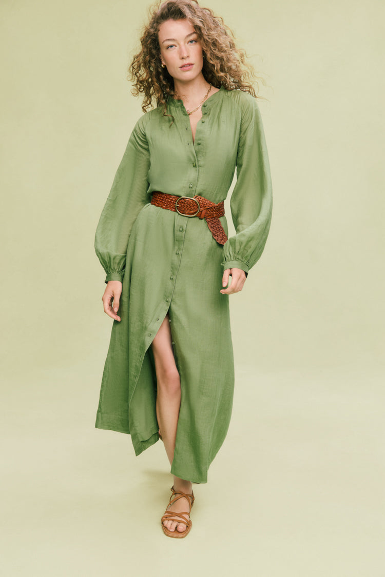 Cedar Green Button Down Granier Dress: A classic, high-end piece featuring an effortless, relaxed fit with a removable belt, perfect for fun, day-to-night transitions.