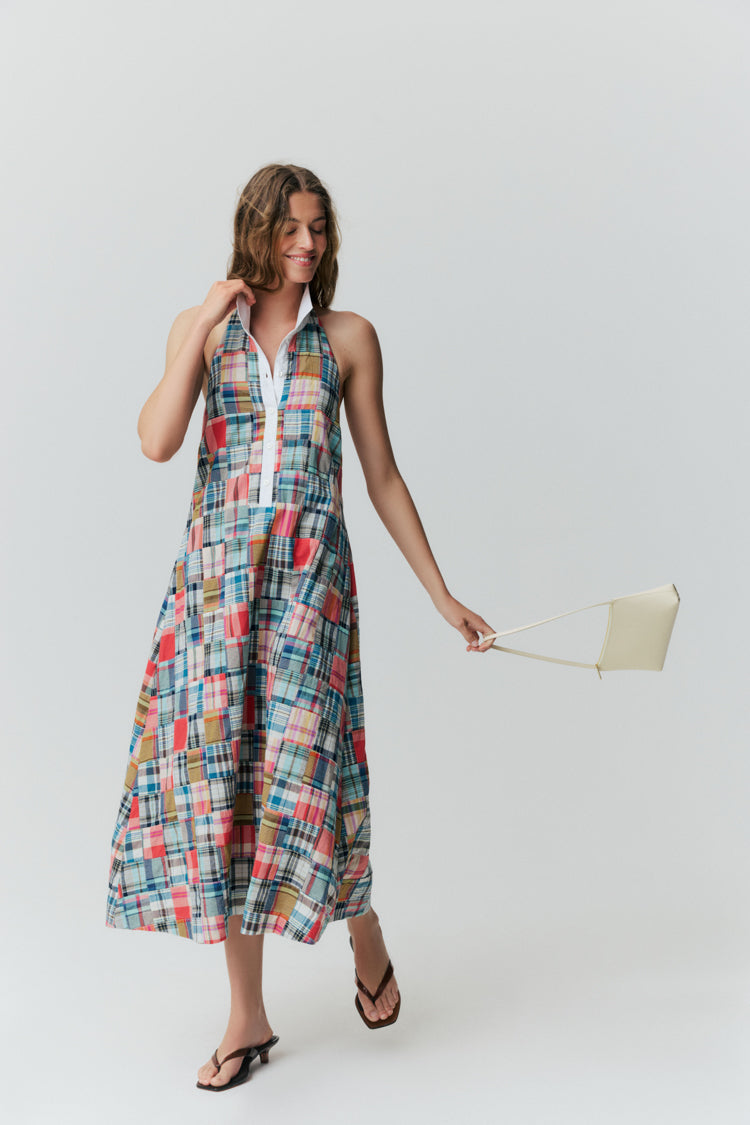Heritage madras patchwork halter maxi dress