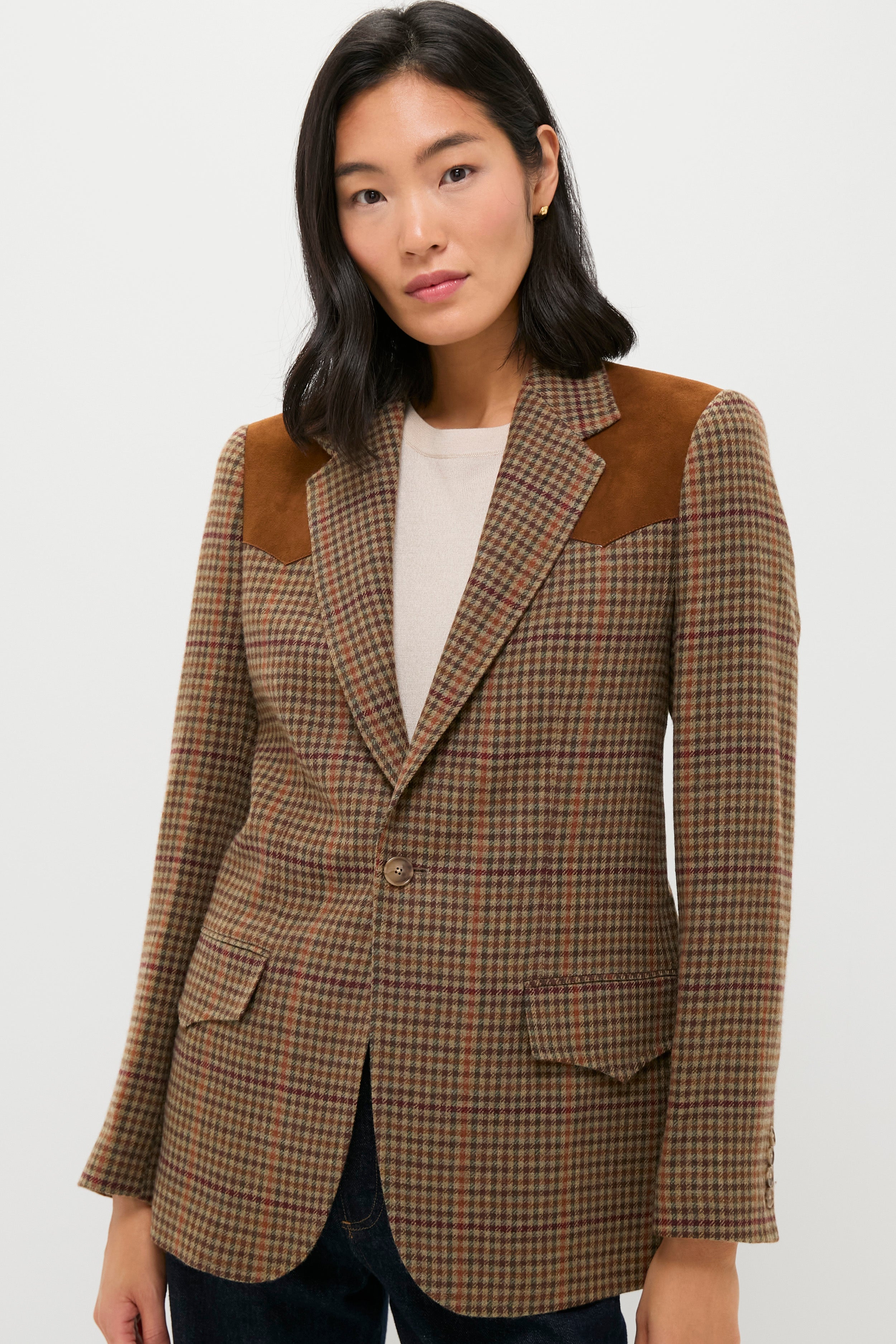 Olive Multi Houndstooth Merino Wool Tweed Woven Blazer | Polo