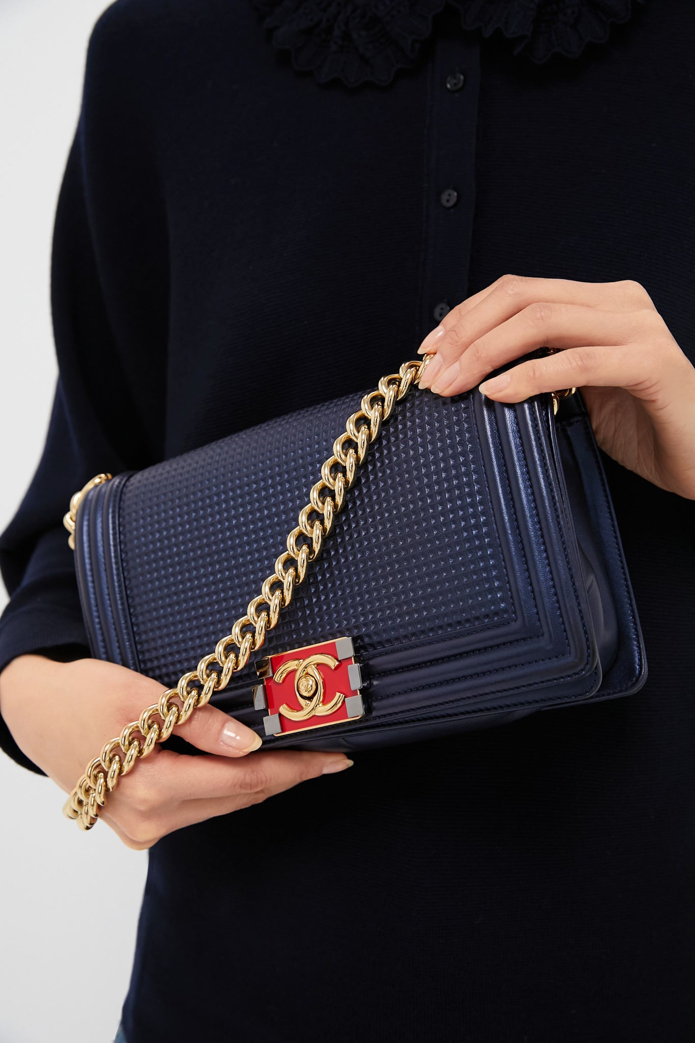 Chanel Boy Embossed Bicolor Shoulder Bag
