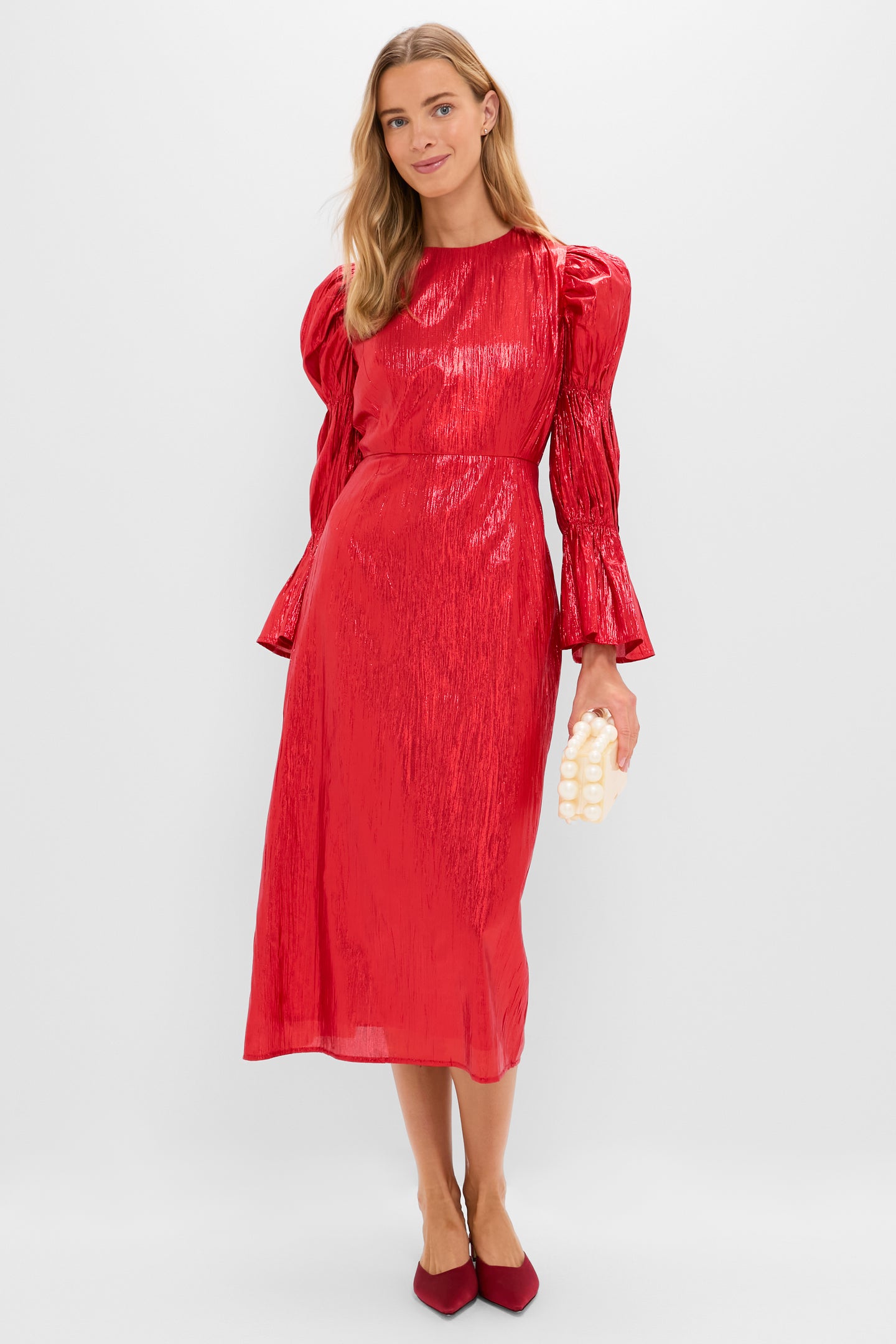 Red Metallic Plisse Puff Sleeve Darcy Midi Dress