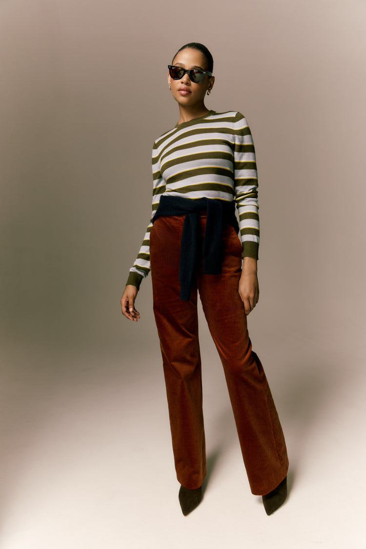 Olive Stripe Cashmere Silk Long Sleeve Katie Tee
