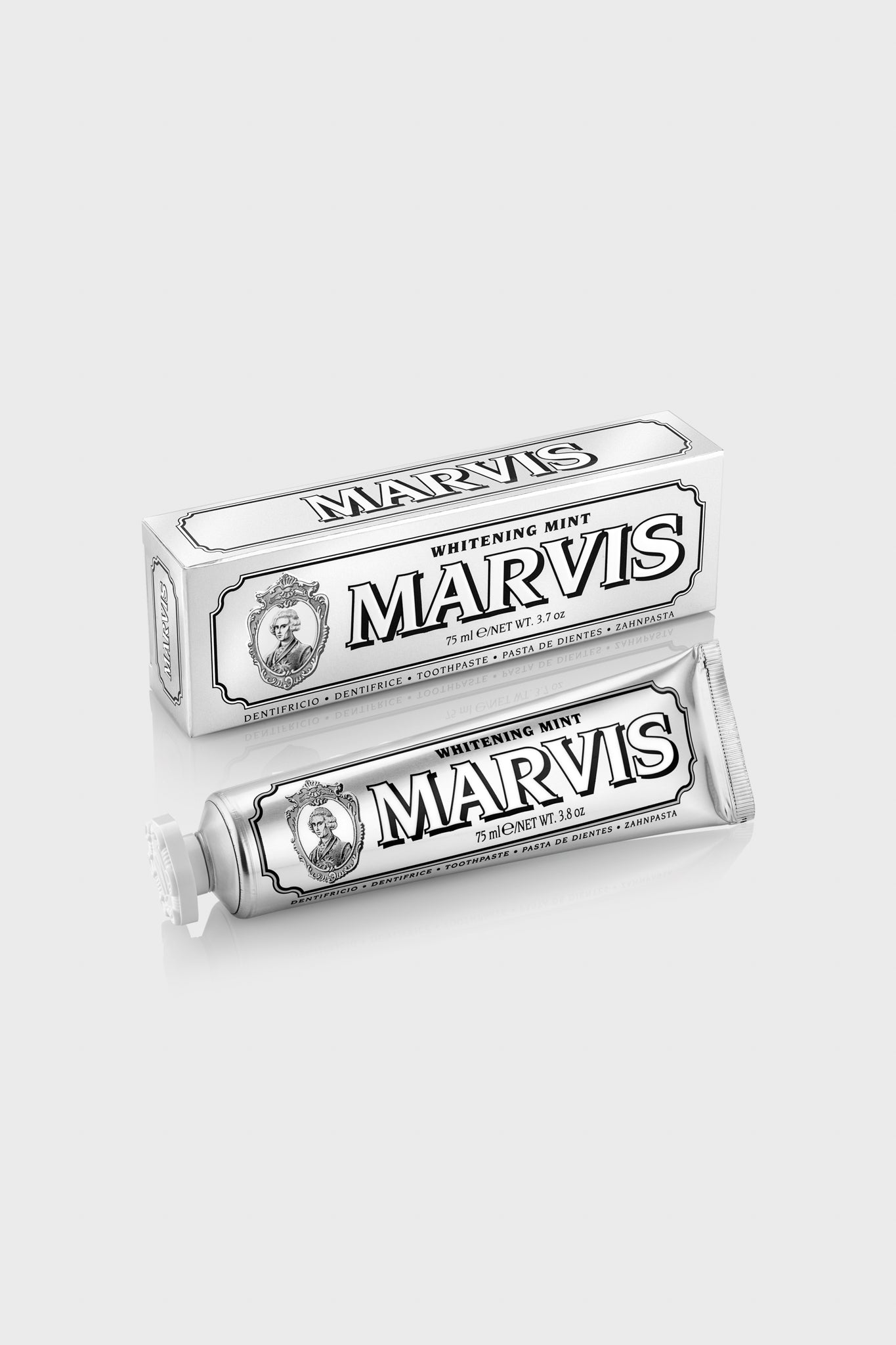 Marvis Whitening Mint Toothpaste and box, featuring a classic silvery-white design, offers an effortless, high-end solution for fun, fresh breath and radiant teeth.