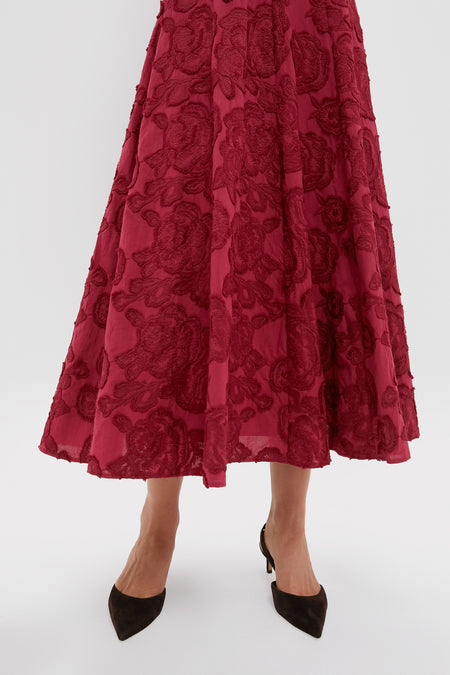 Ruby Textured Floral Melina Maxi Dress: Classic and high-end, showcasing floral embroidery and an effortless A-line silhouette with fun, black suede pointed-toe slingback heels.