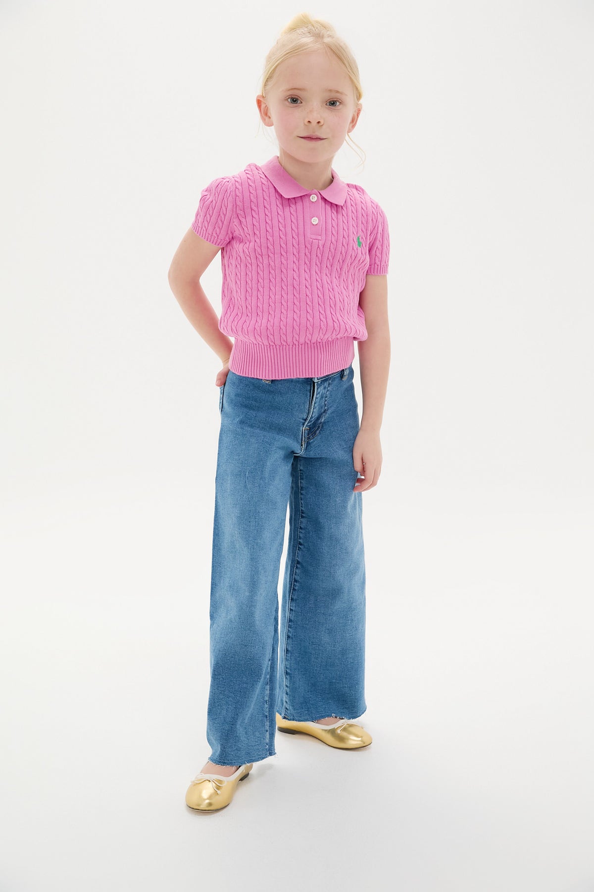 Little Girls Short Sleeved Combed Cotton Mini Cable Knit Polo