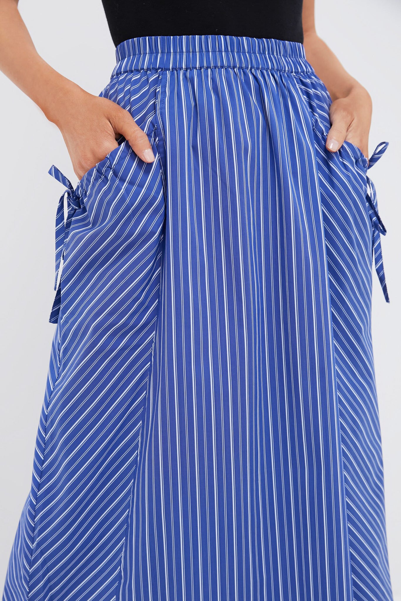 Dark Blue and White Kendall Play Stripe Midi A-Line Skirt