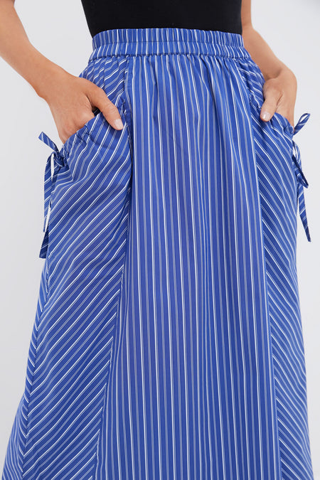 Dark Blue and White Kendall Play Stripe Midi A-Line Skirt
