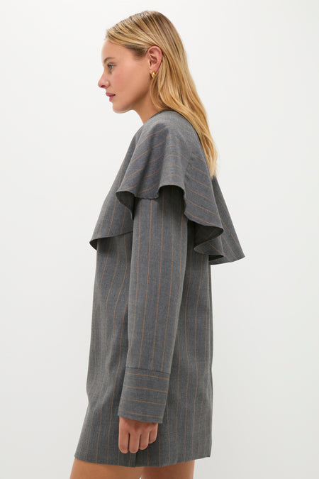 Pewter Brushed Wool Stripe Circle Collar Mini Dress