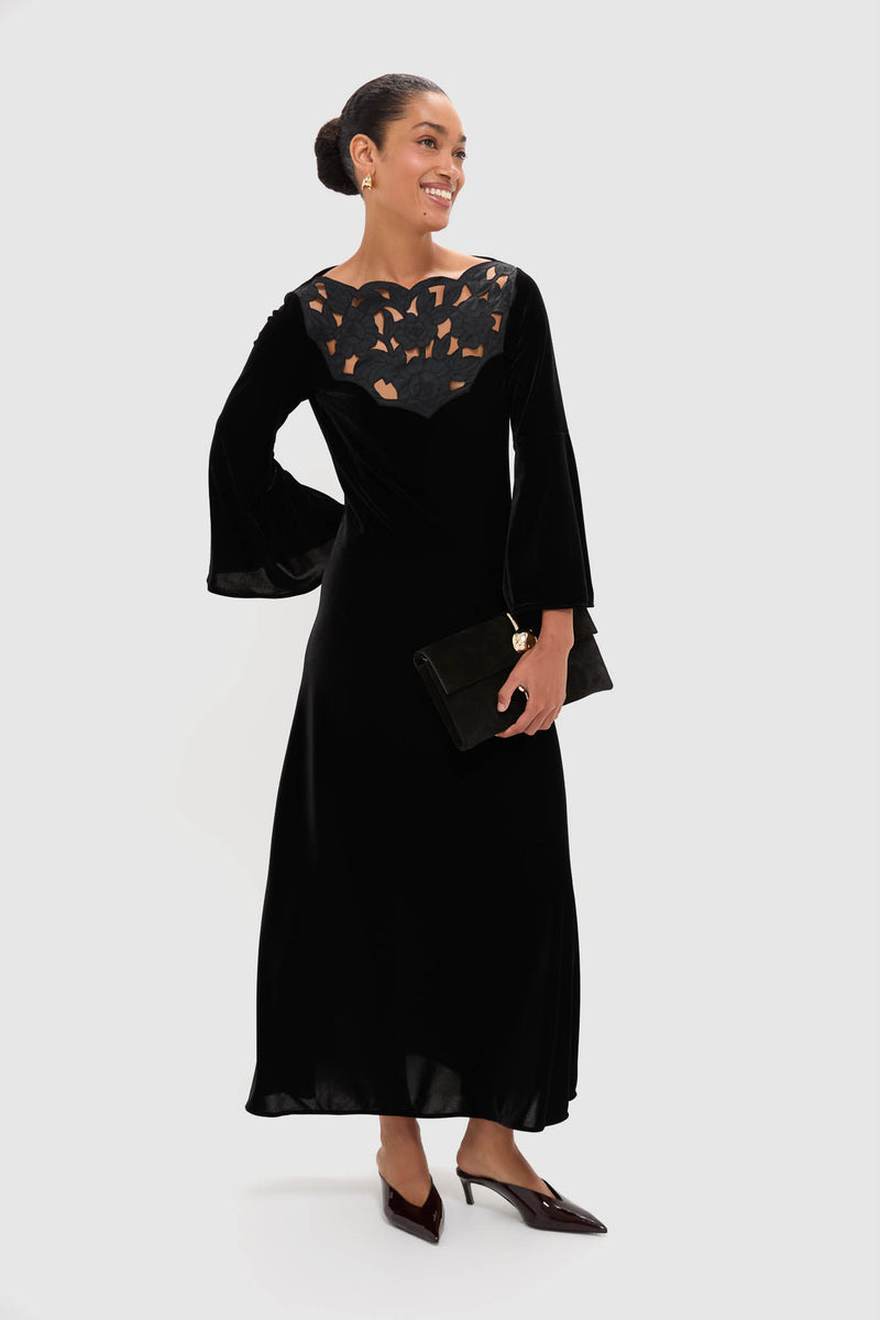 Accademia Black Velvet Bell Sleeve Catherine Maxi Dress exudes classic elegance with a floral lace yoke, effortless velvet fabric, and fun flared sleeves, epitomizing high-end style.