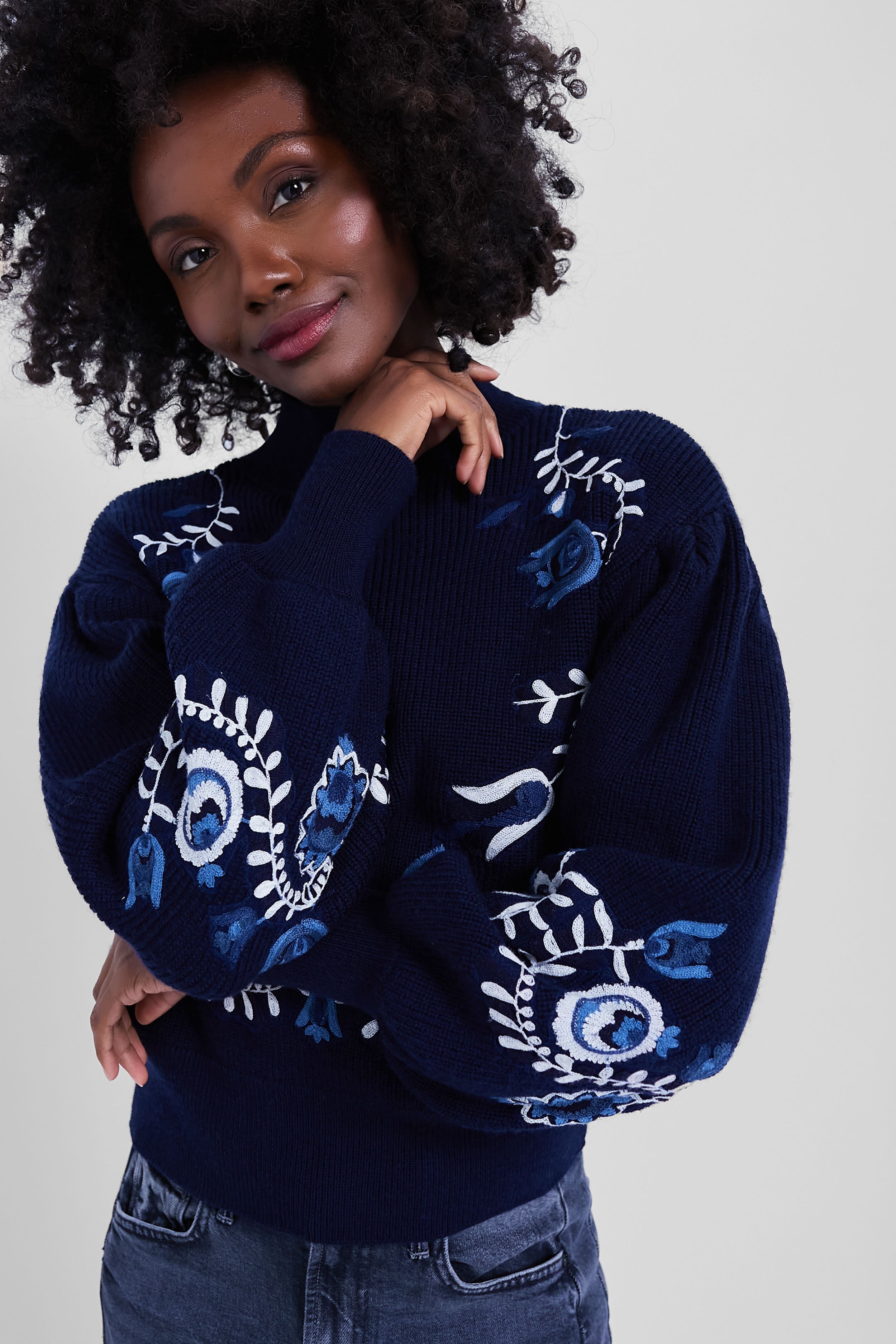 Navy Inga Embroidery Longsleeve High Neck Sweater | Sea New York