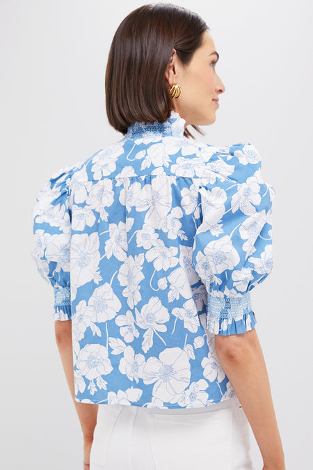 Blue Floral Ruffle Neck Aria Blouse