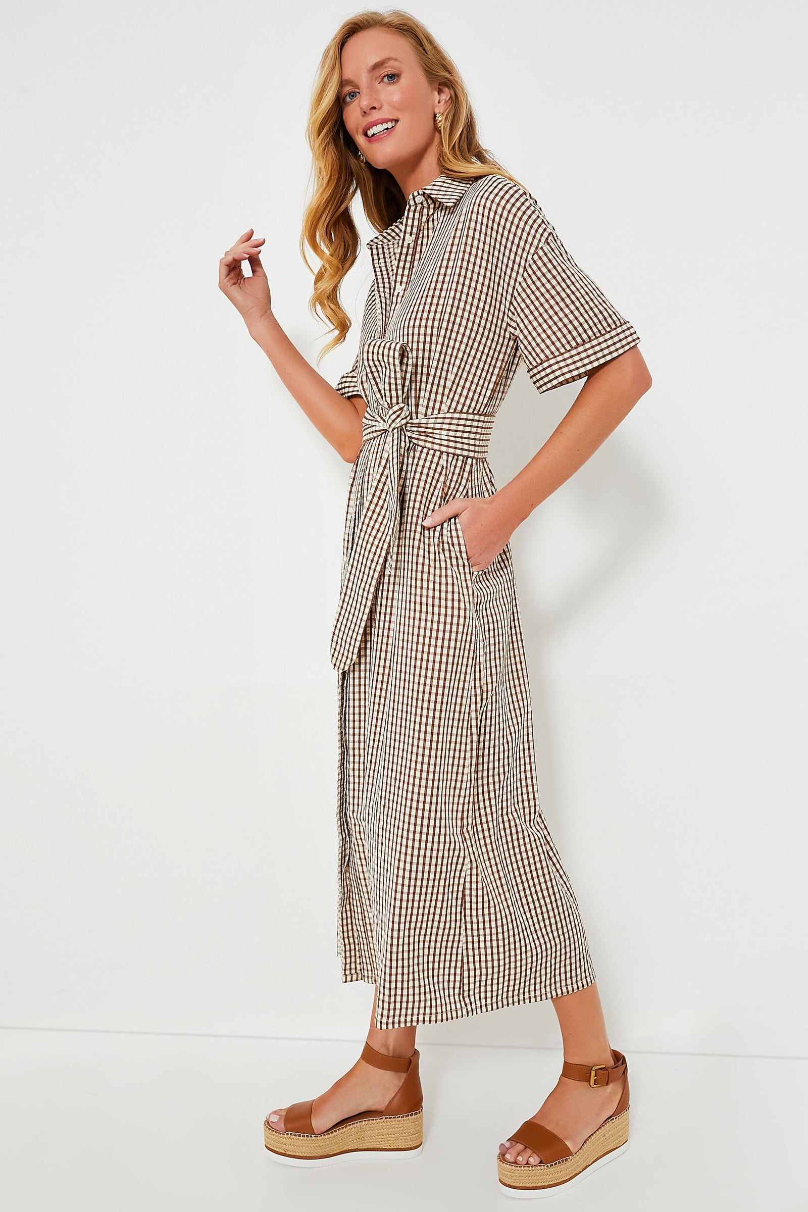 Brown Gingham Seersucker Zacara Dress Pomander Place Light Brown Gingham / XS
