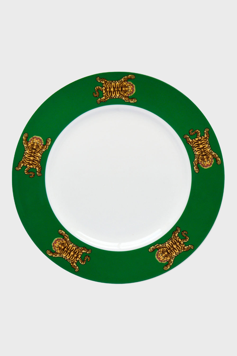 The Chefanie white bone china dinnerware plate features a green border and four Tibetan Tiger illustrations spaced evenly around the rim, making it a striking statement plate.